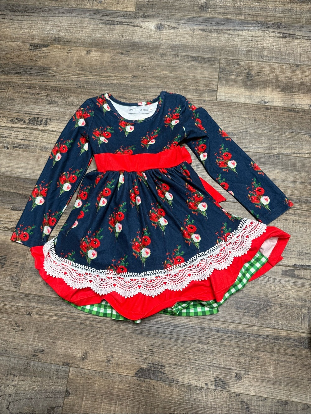 Only Little Once Navy Floral Long-Sleeve Dress with Red & Green Accents 4